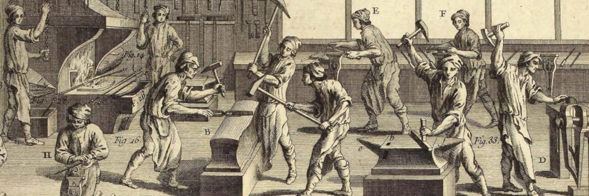 [Image: Woodcut illustration of swords being made by smiths during the Middle Ages]